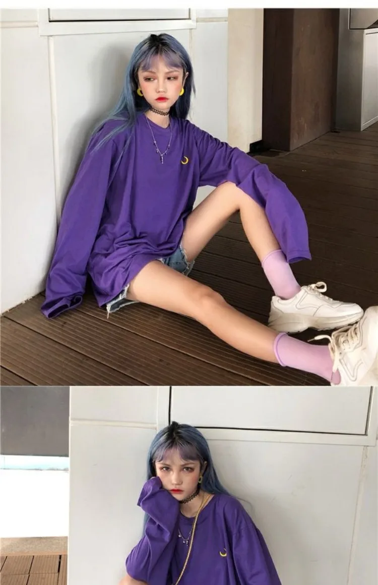 Harajuku уличная Винтажная футболка с длинным рукавом для женщин топы Осень корейский Ulzzang Moon футболка с вышивкой женская футболка