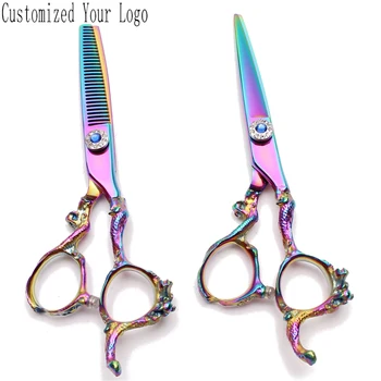 

5.5" Engraving Logo 440C Gold Hair Scissors Flat Scissors Thinning Shears Dragon Handle Hairdresser's Scissors Barber Shop C9003