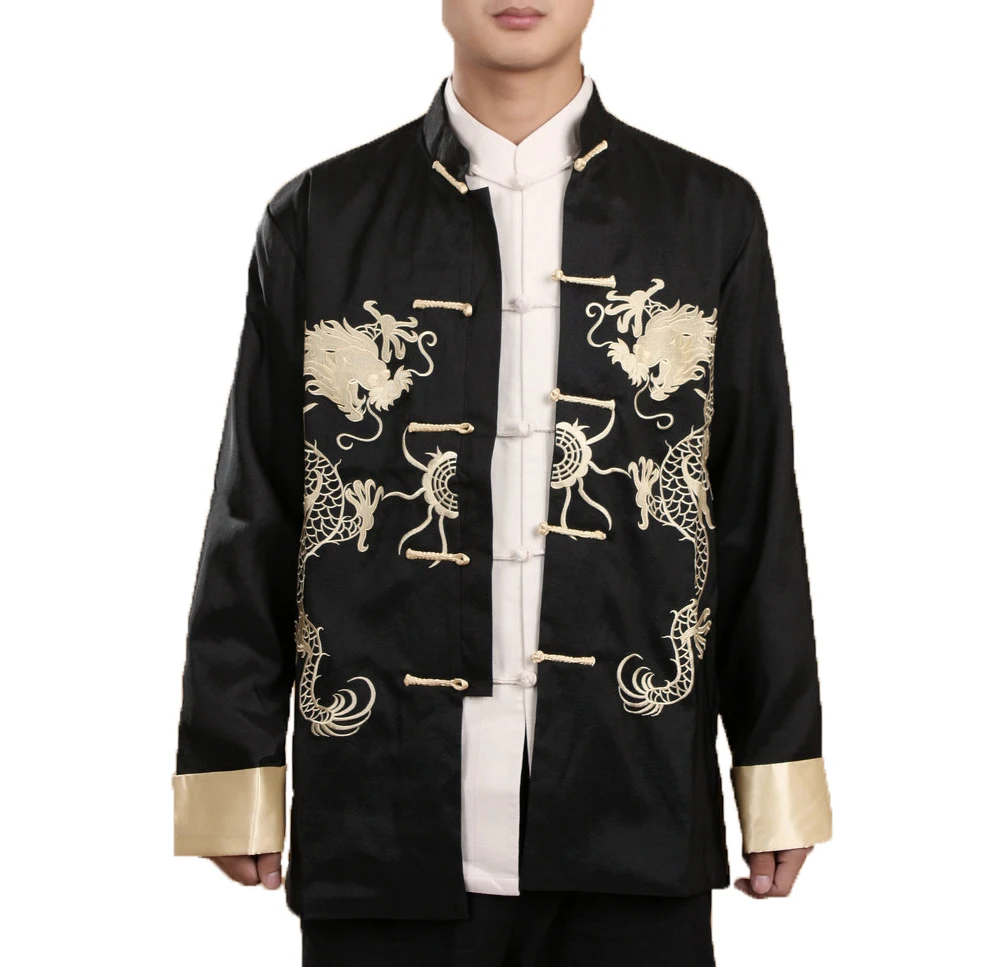 

2018 New Mens Turn-up Cuff Long Sleeve Chinese Shirt Tang Suit Coat Embroidered Dragon Kungfu Martial Art Coat