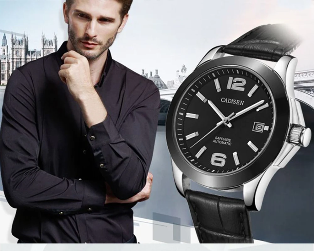Мужские часы CADISEN Классические Автоматические механические часы с датой аналоговые скелетоны черные кожаные мужские черные керамические наручные часы
