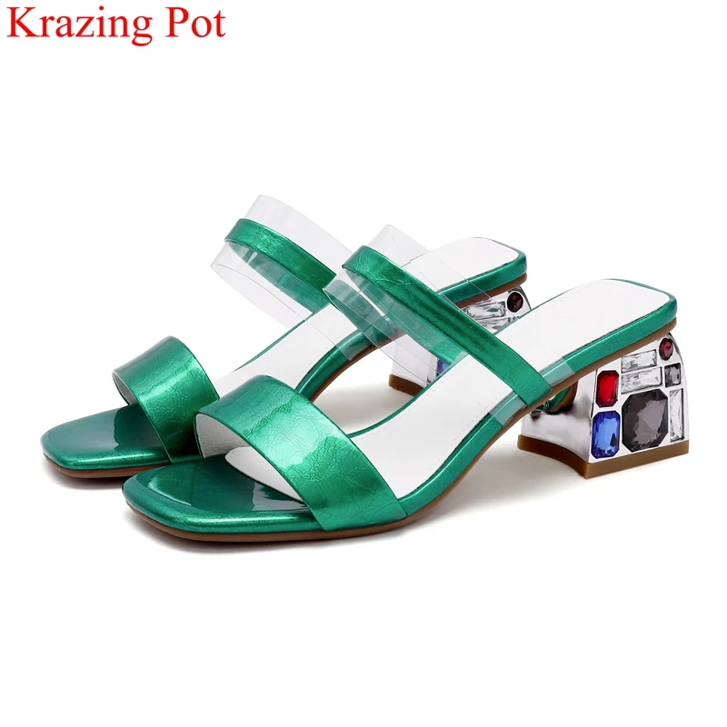 

2019 big size genuine leathe peep toe high heels rhinestone strange style women sandals office lady mules brand summer shoes L13