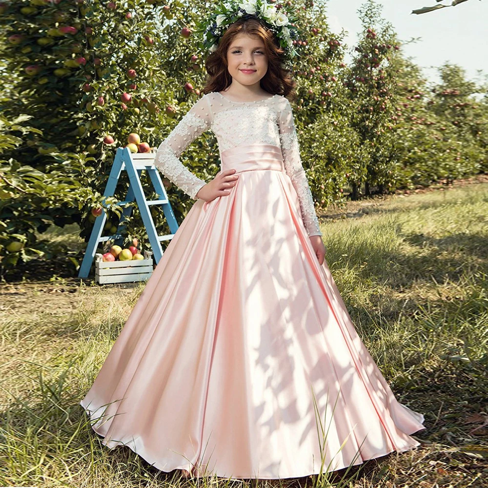 

New Arrival Custom Made Flower Girl Dress For Wedding Lace Pearls Long Sleeve Ball Gown Girl's Holy First Communion Dress