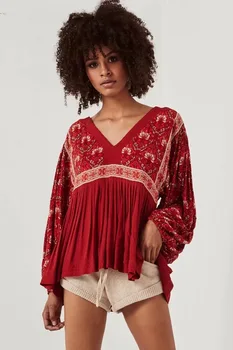 

2020 Women's Hot Sale Fashion Boho Blouses Floral Printing Red Shirts Retro Autumn Blouses Lantern Sleeve Causal Big Blouses Top