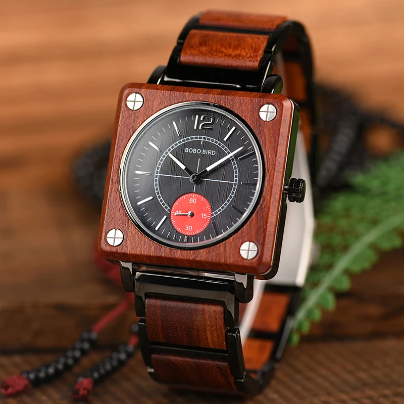 marque de luxe BOBO BIRD Wooden Men Square Watches Luxury Quartz Personalized Wood Watch Gifts for Men