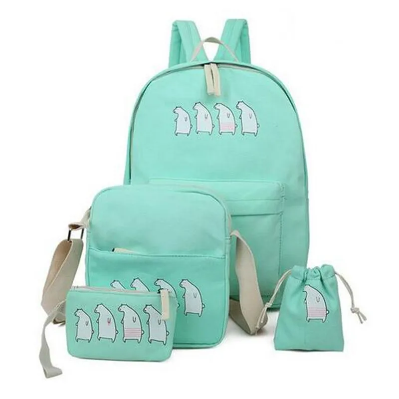 ECOPARTY Printing Shoulder Bag Fashion Travel Bag 4 PCS Set Cute Cartoon Bear Canvas Backpack Teenager