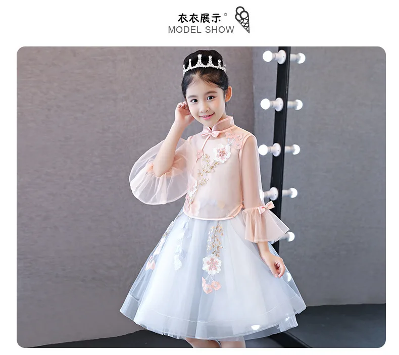 Детское платье розовый элегантный принцесса девушка китайские вечерние платья фортепиано рождения Bell Sleeve китайское Ципао детское платье