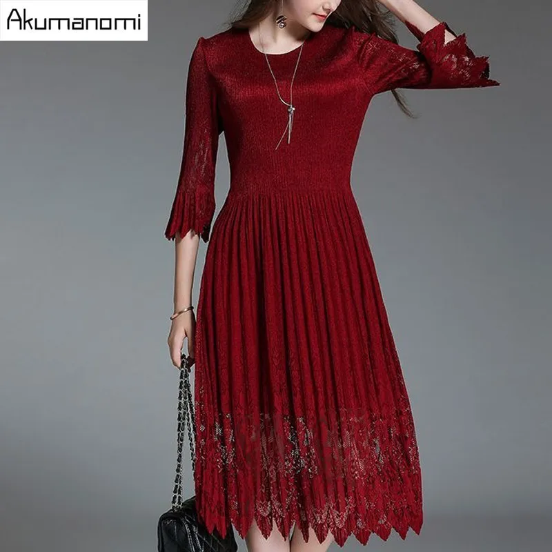 

Autumn Winter Lace Dress Three Quarter Petal Sleeve Ruffle Draped Burgundy Black Women's Clothes Spring A-line Dress Plus Size
