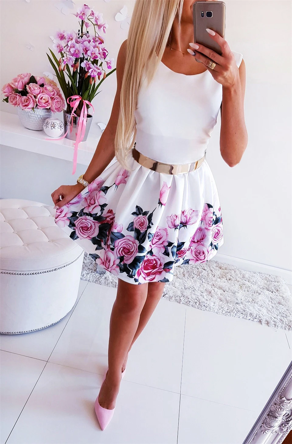 Women Summer Flower Printed A-Line Dress O-Neck/V-Neck Sleeveless Mini Dress Elegant Lady Steetwear Party Dress (Without Belt)