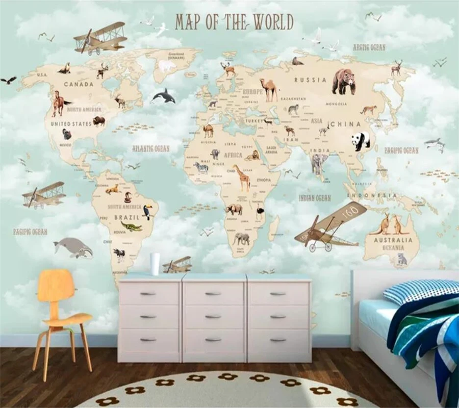 Пользовательские 3d обои мультфильм карта мира фоновая стена гостиная спальня детская комната украшение Фреска папье peint обои