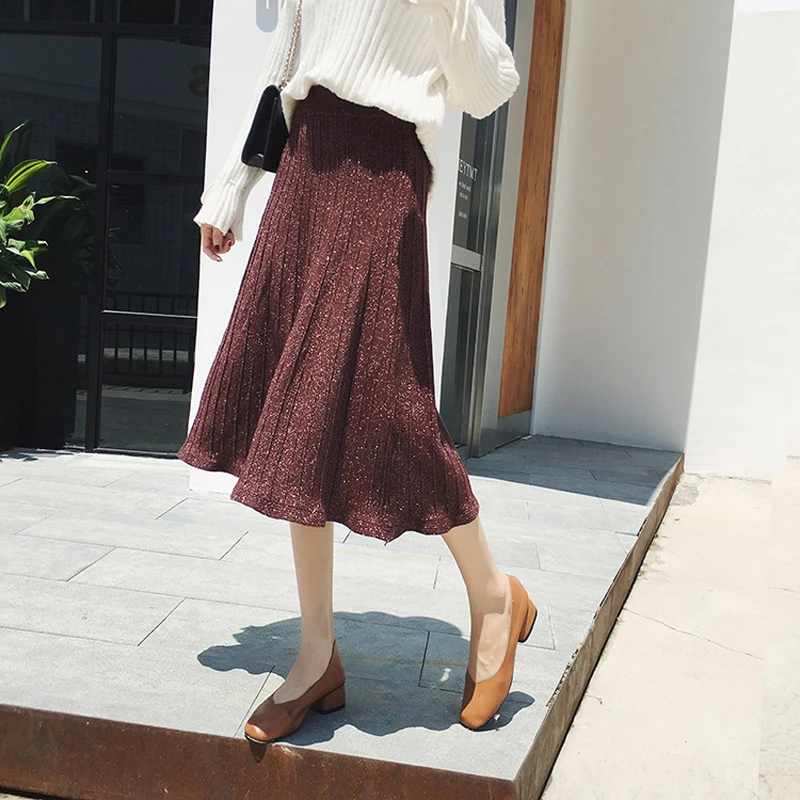 

High Waist Knitted Pleated Skirt Women Elastic Loose Striped Midi Skirt Streetwear Casual Female Skirts Autumn 2018