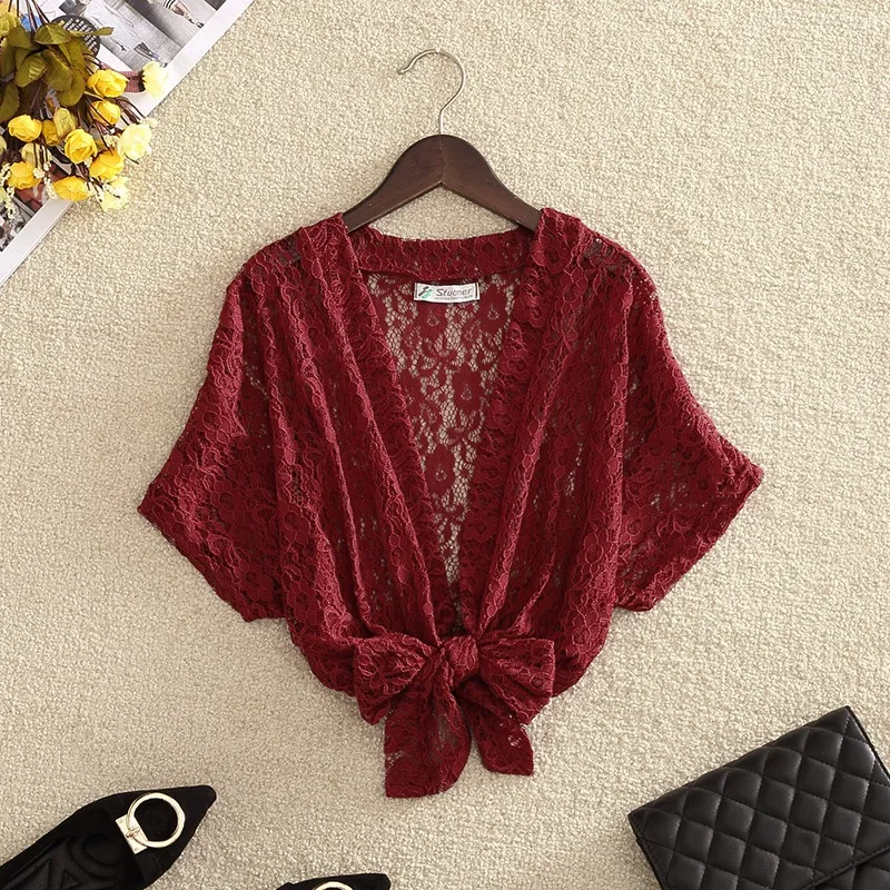 

Plus Size Womens Summer Lace Hollow Out Blouse Kimono Cardigan Lace Up Short Sleeve Solid Shirt Cover Up Beach Blouse 2019