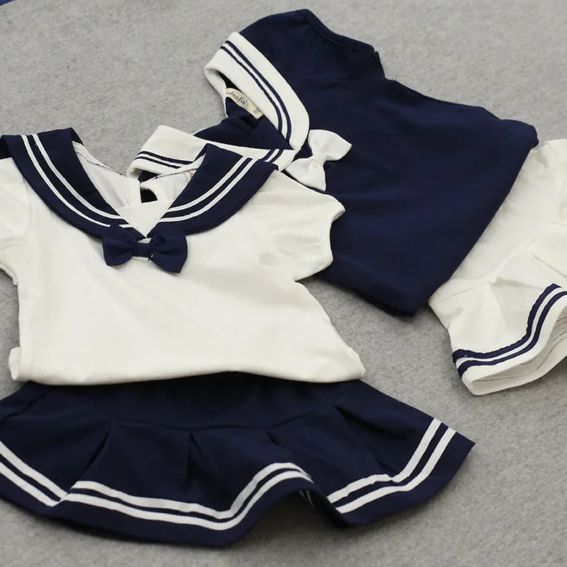 

2017 summer fashion creative trend new children's clothing girl Navy wind cotton short-sleeved T-shirt + skirt two-piece suit
