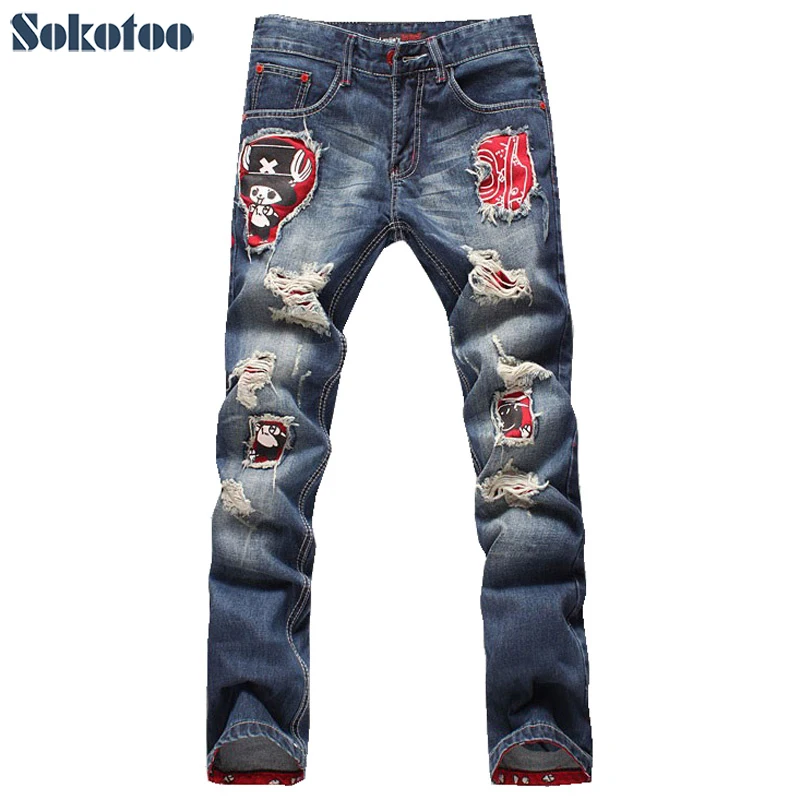 

Men's print jeans hole jeans male roll-up hem ripped jeans cartoon personality applique denim pants Free shipping