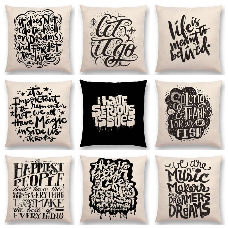 ブラックホワイトパターン装飾手紙楽しい言葉有意義言って短い文章愛ライフクッションカバーソファ枕ケース Sofa Pillow Case Cushion Covercushion Cover Pattern Aliexpress