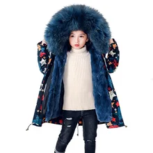 Детские зимние куртки с принтом, пальто из натурального меха кролика рекс для девочек, теплое пальто с большим меховым воротником, Детское пальто с отстегивающимся мехом, верхняя одежда для малышей