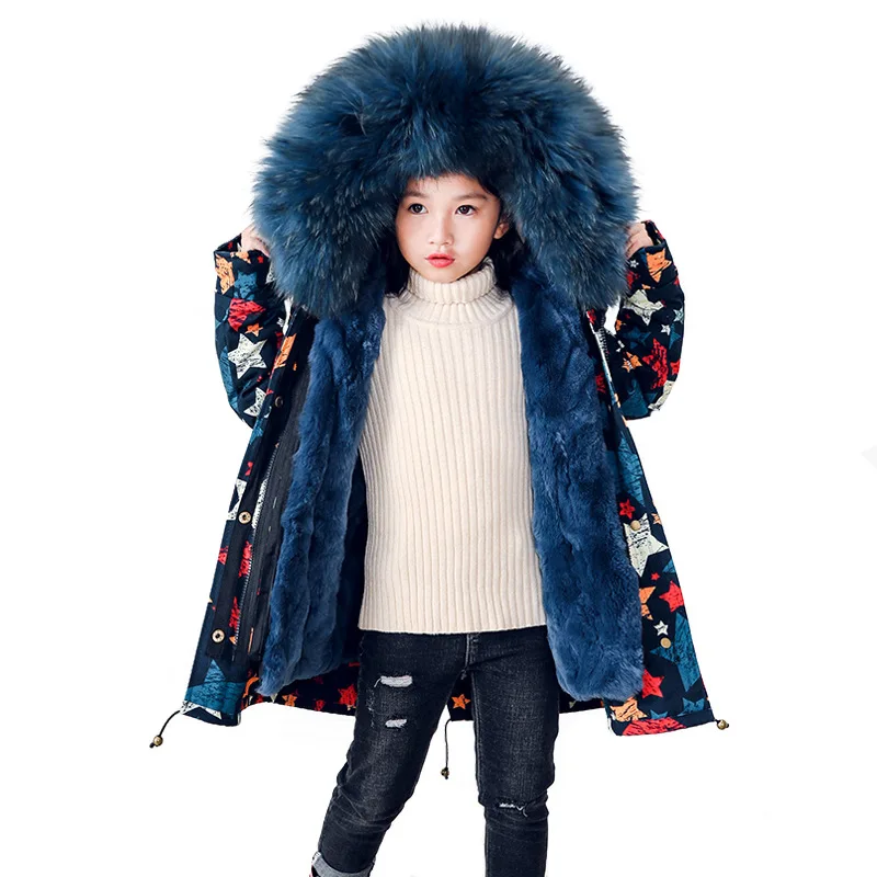 

Children Winter Printed Jackets Girls Natural Rex Rabbit Fur Coats Warm Big Fur Collars Kid Detachable Fur Coat Toddle Outerwear