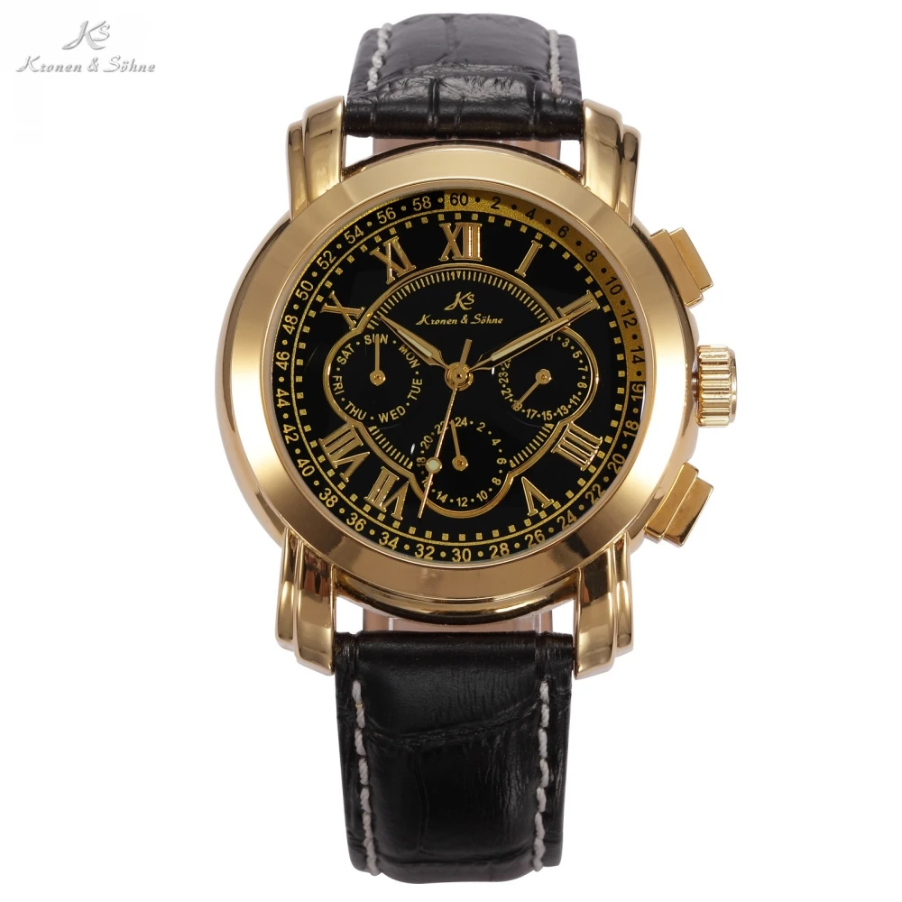 KS Date Day Calendar Case Dress Black Golden Stainless Steel Self Wind Automatic Mechanical Men s