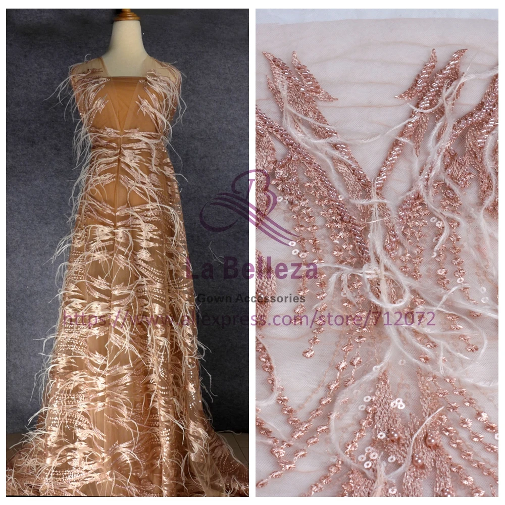 

Restock Nude pink/beige fashion style Paris weekend show handmade feather beaded wedding/evening dress lace fabric 60cm widt