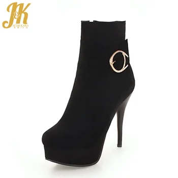 

JK 2018 Stiletto Heels Women Boots Round Toe Ladies Shoes Platform Ankle Boot Solid Flock Crystal Footwear Big Size 48 Black