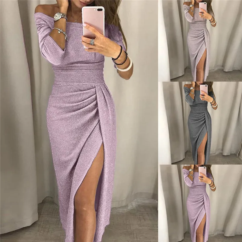 Women elegant vintage Off Shoulder High Slit Bodycon Dress Long Sleeve Dresses Evening dress women party sexy vestido N05#N (2)