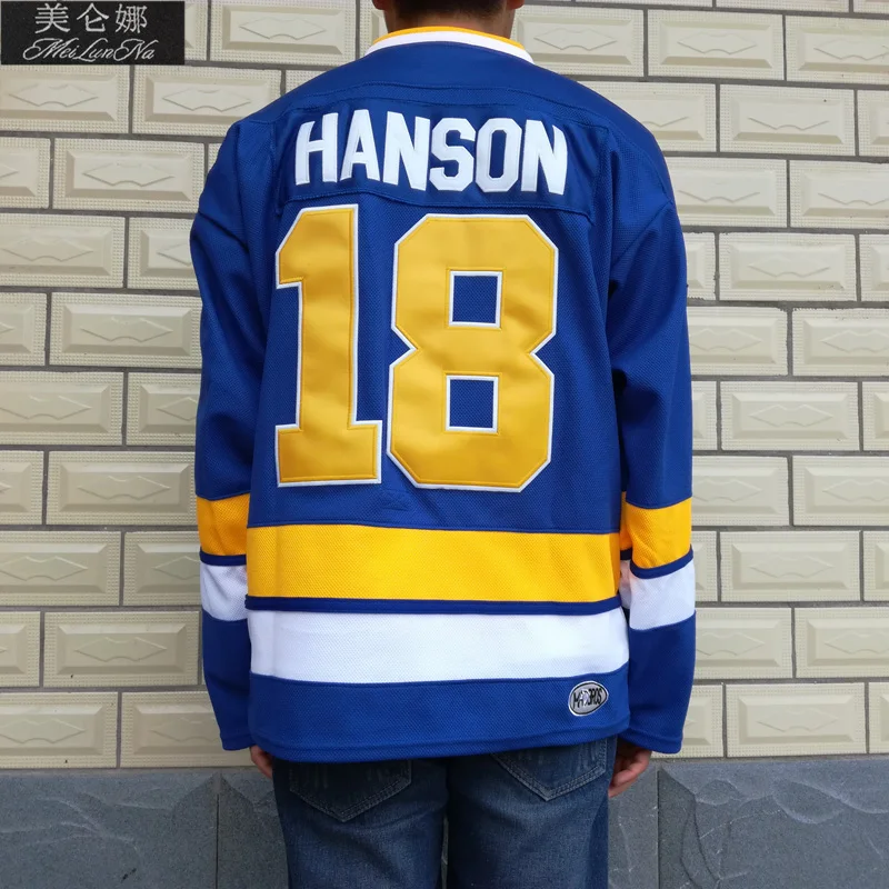 

MeiLunNa Christmas Black Friday Slap Shot Charlestown Chiefs Hockey Jerseys #18 Jeff Hanson Brothers Jersey Blue 1801