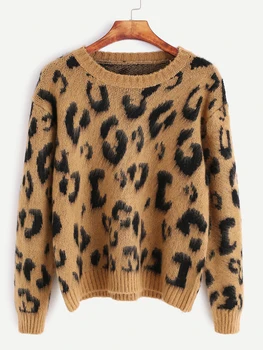 

2019 Spring Autumn Winter Loose Long Knitted Sweater Women Long Sleeve O-Neck Leopard Print Knitwear Female Sweater
