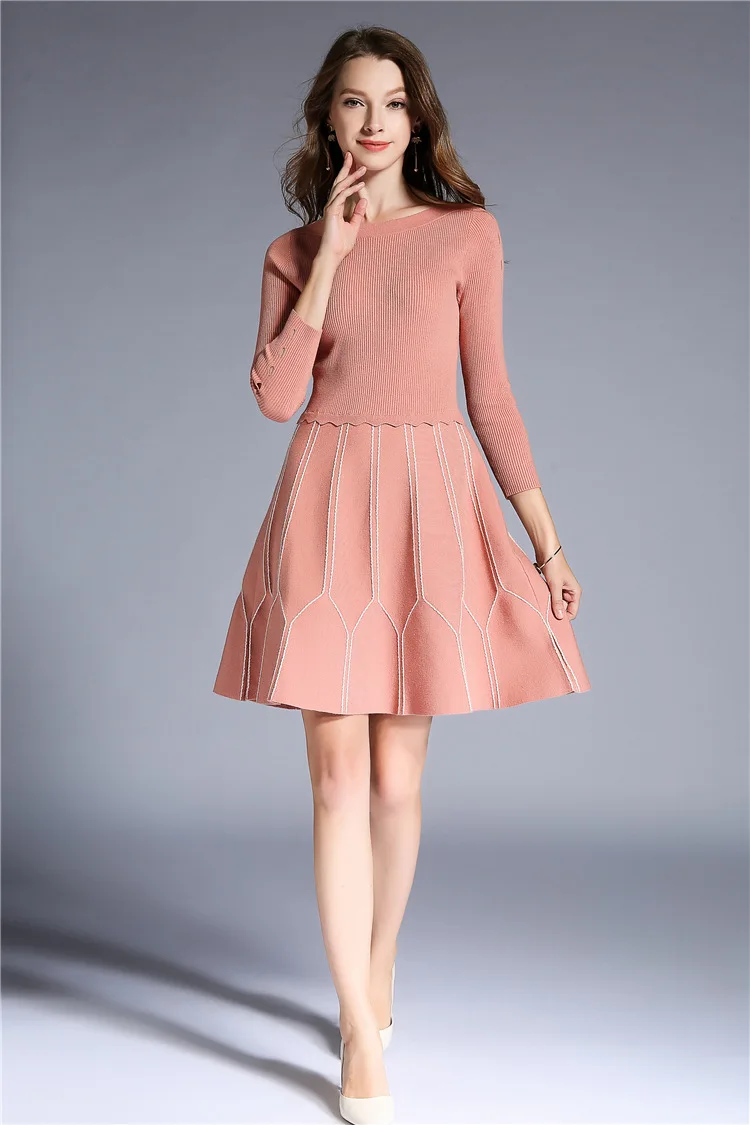 Высокое качество свитер платье Весна Повседневное платье для женщин Slash шеи аппликации вышивка лоскутное тонкое облегающее платье вязаное