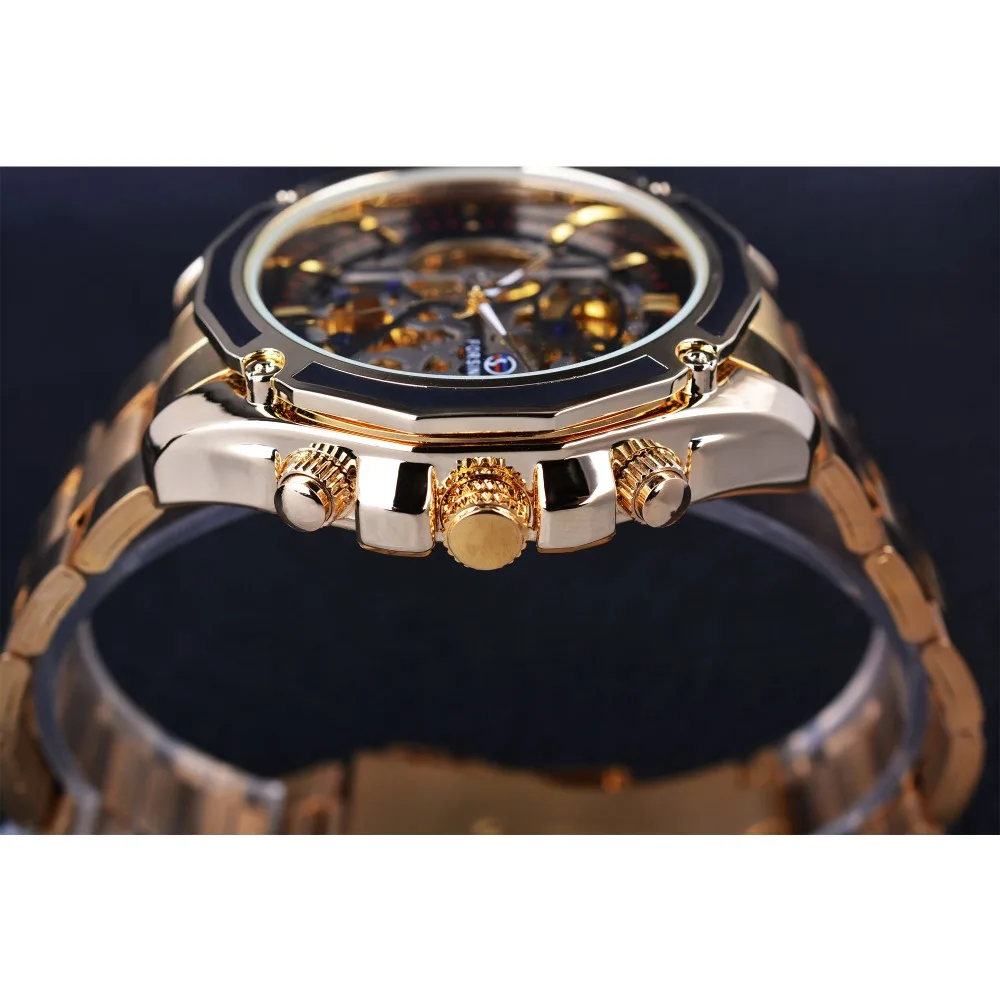 Forsining Transparent Case Golden Stainless Steel Skeleton Luxury Design Men Watch Automatic Watch