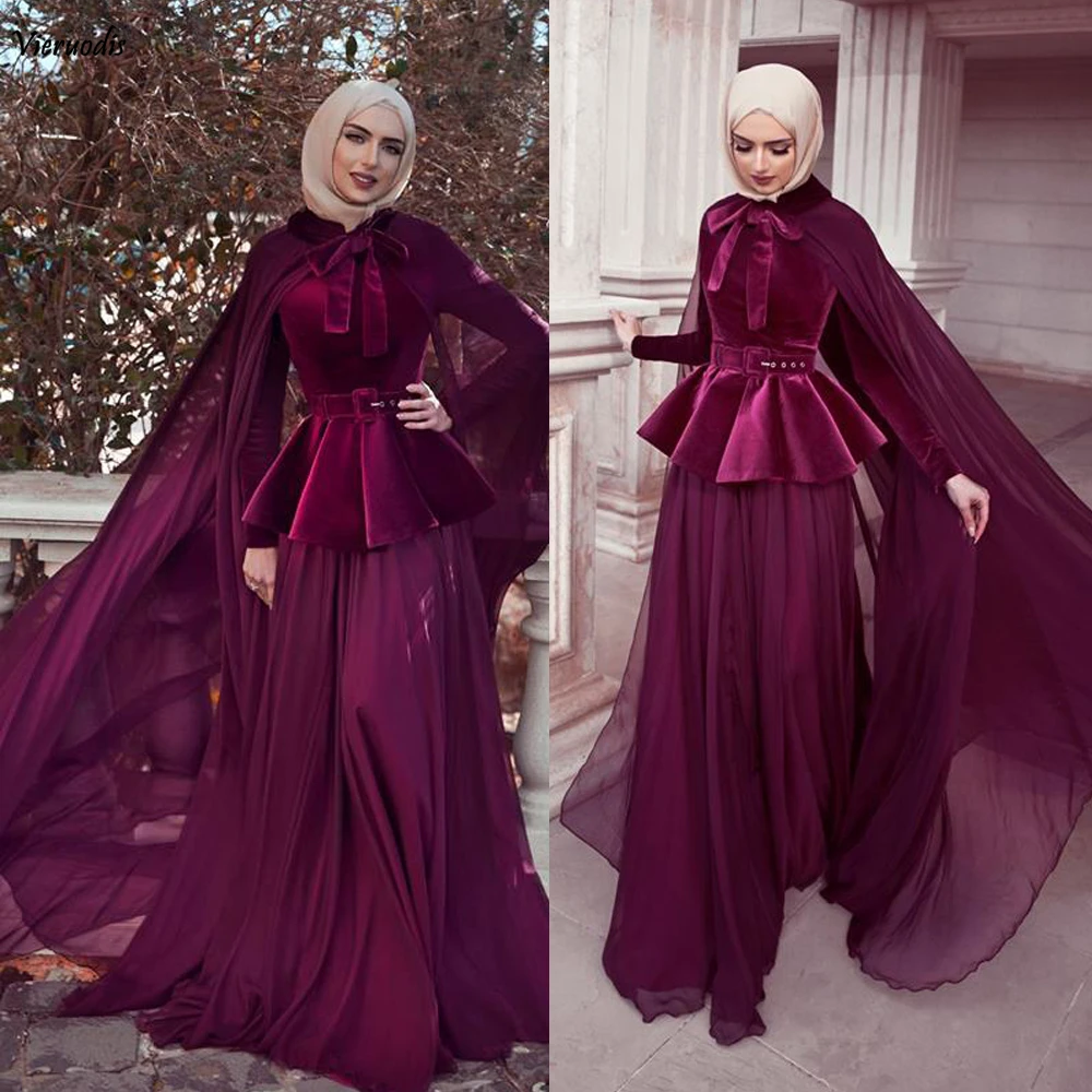111-1              Burgundy Prom Dresses 2019 High Neck Chiffon Muslim Velvet Evening Dresses Vestidos de Festa Modest Party Dresses