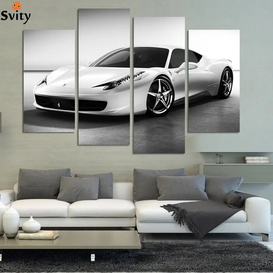 4panel white Sports Car Wall Art Picture Home Decoration Living Room