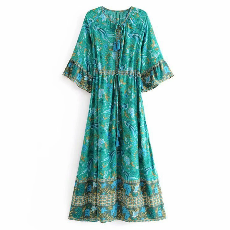 TEELYNN maxi women dresses Malachite green rayon ILONA Forest floral print summer Dresses Drawstring waist BOHO Dresses vestidos