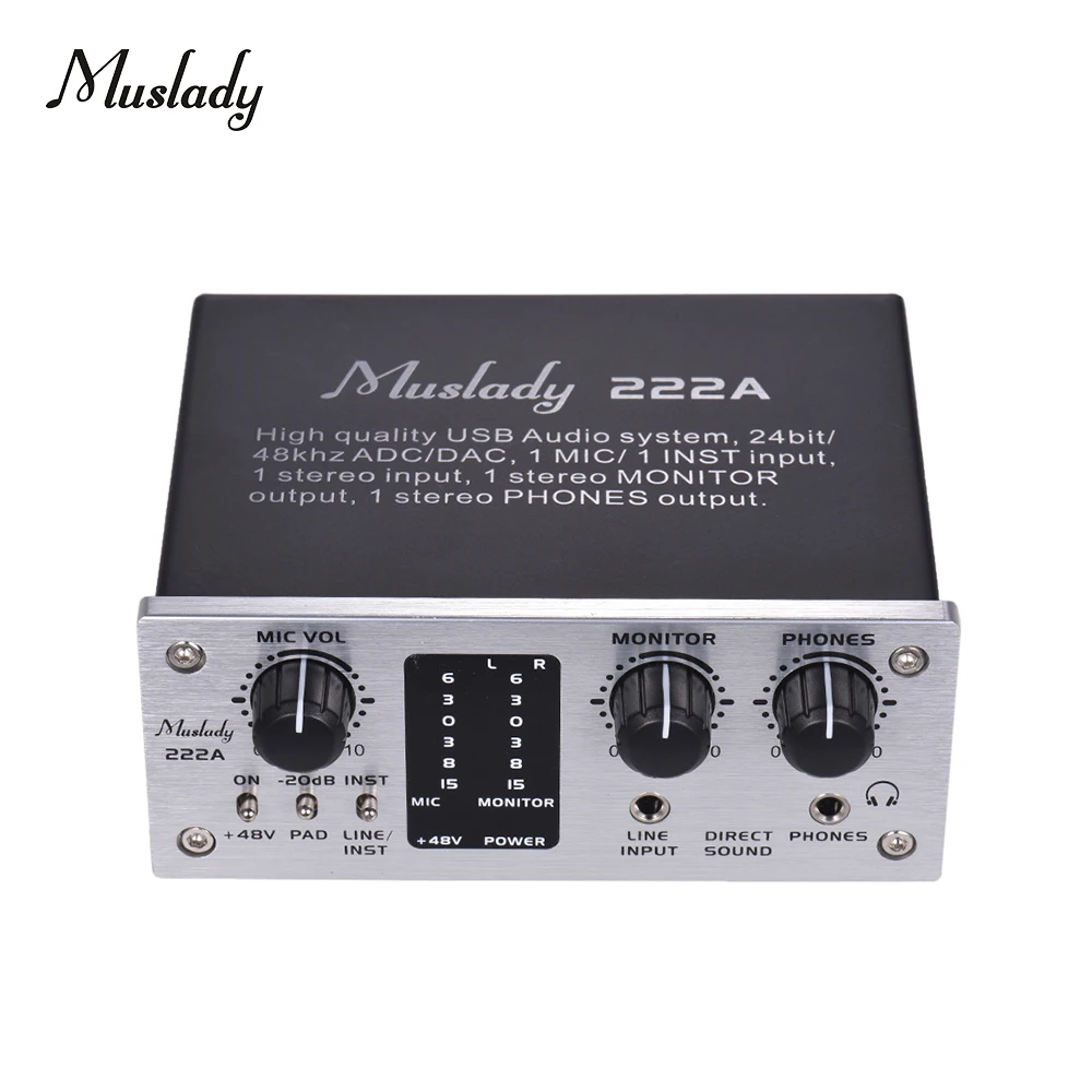 Muslady 222A 2-х канальный USB аудио Системы Интерфейс внешняя звуковая карта+ 48V phantom Мощность DC 5V Питание с USB кабелем