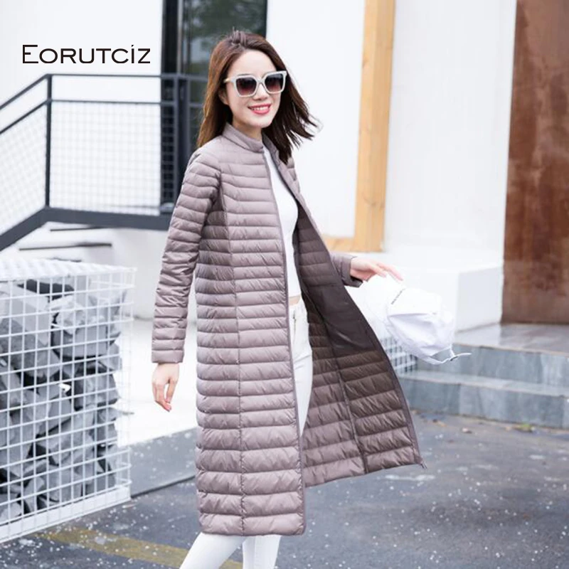 

EORUTCIZ Winter Long Ultra Light Down Coat Women Plus Size 3XL Jacket Spring Vintage Slim Thin Casual Black Coat LM362