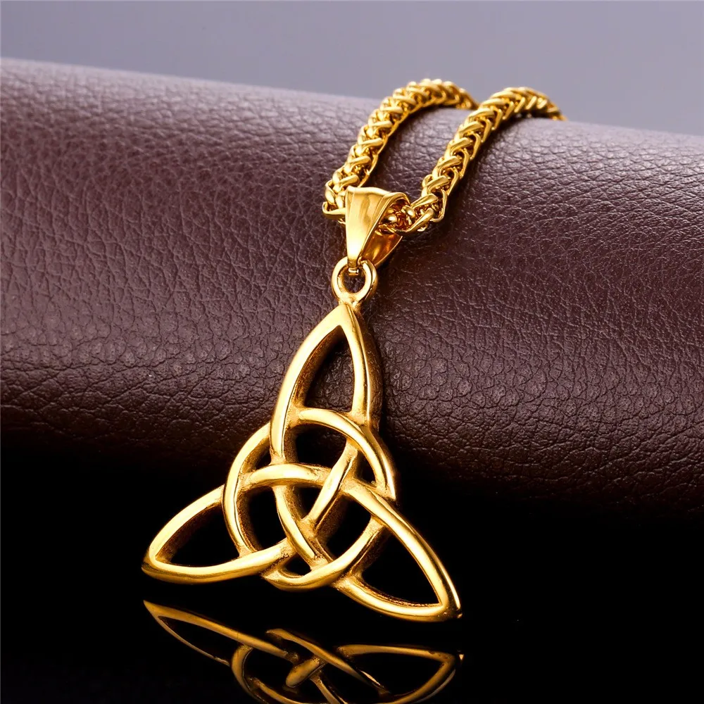 U7 Viking Jewelry Celtic Knots Necklaces & Pendants Triquetra Gold Color Stainless Steel Men Chain Gift Irish Knot Charm P722