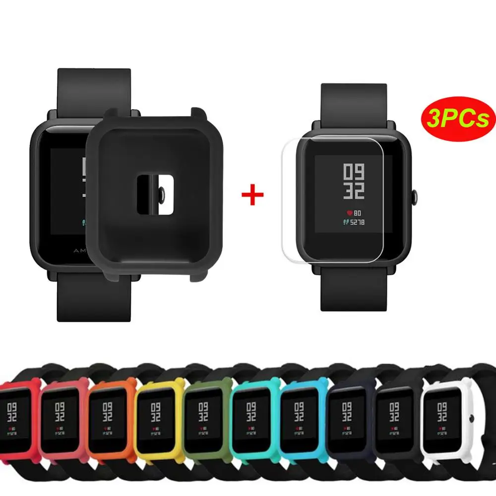 

Soft Protection Case Cover +3PC Screen Protector For Huami Amazfit Bip Younth Watch Slim Colorful Frame Case Cover Protect Shell
