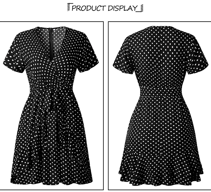 SINRGAN Модный принт в горошек с v-образным вырезом и рюшами на молнии, женское платье Лето с коротким рукавом Пояс с поясом Мини-платье
