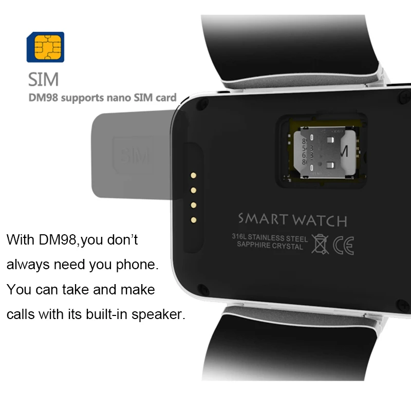  DM98 Watch Smart GPS WIFI BT 4.0 SIM 3G Phone Watch Man Camera for Android Big Battery 512MB RAM 4G