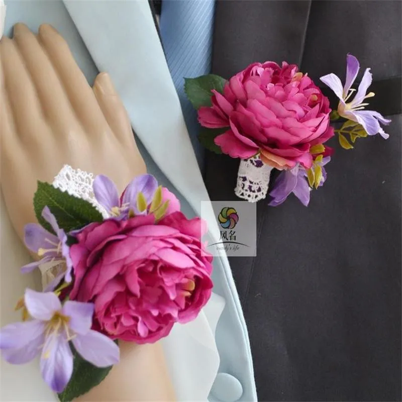 Groom Best Man Boutonniere Prom Purple Corsage Brooch Wedding Flowers Decoration 