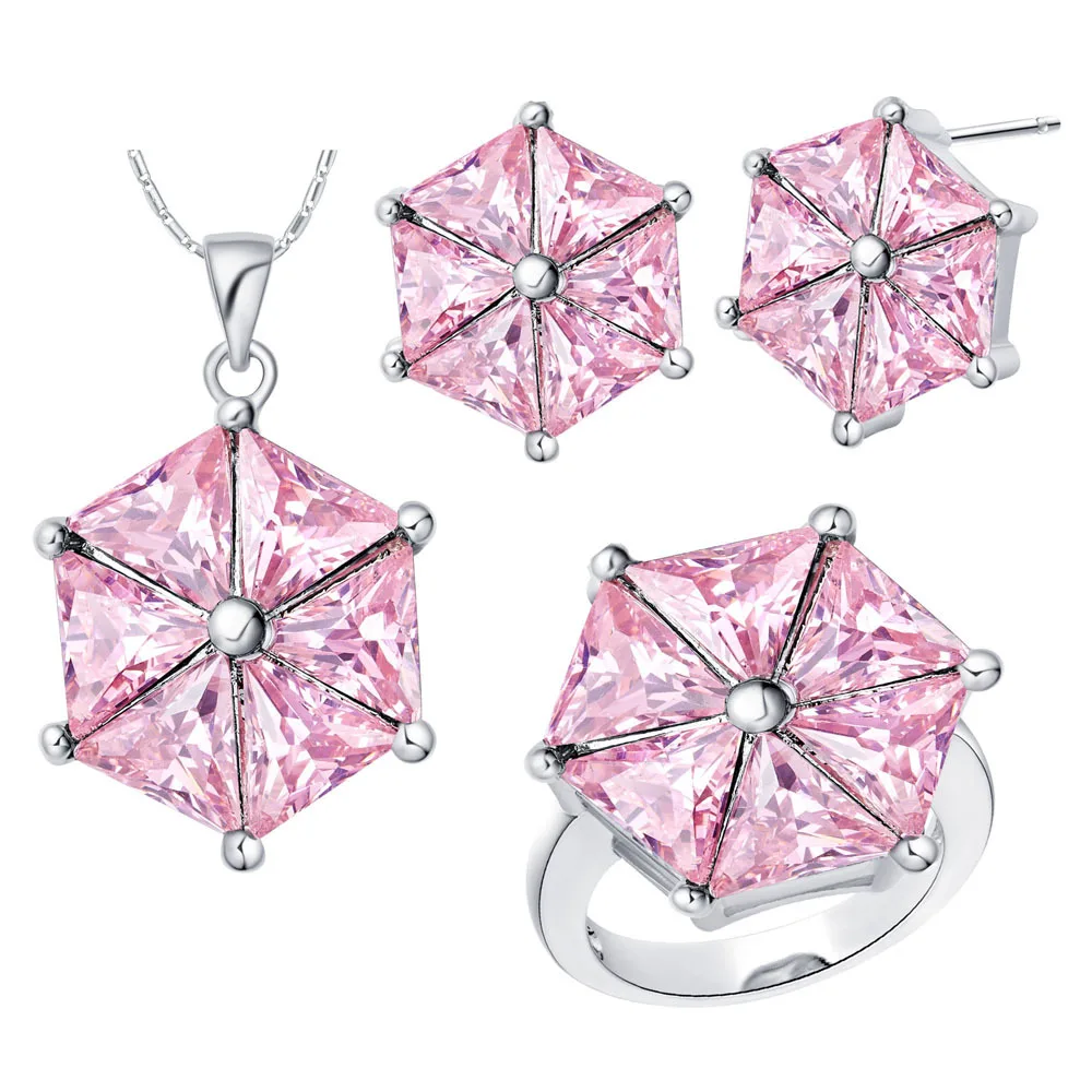 

plated set of 925 Sterling Silver custom set of new crystal set pink pendant Earrings Necklace