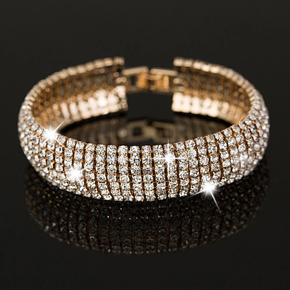 

Luxury Women Crystal Bracelet Chic Gold Silver Color Pave Rhinestone Wrap Bracelet Bling Bling Link Bracelets Bangle Jewelry