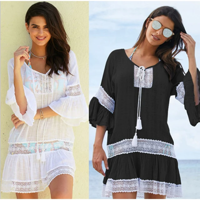 Kaftan Beach Bathing Suit Cover Ups Swim Up Dress 2018 Slub Lace Drawstring Horn Long Sleeve Skirt Sun Plavky Pareo Coverups