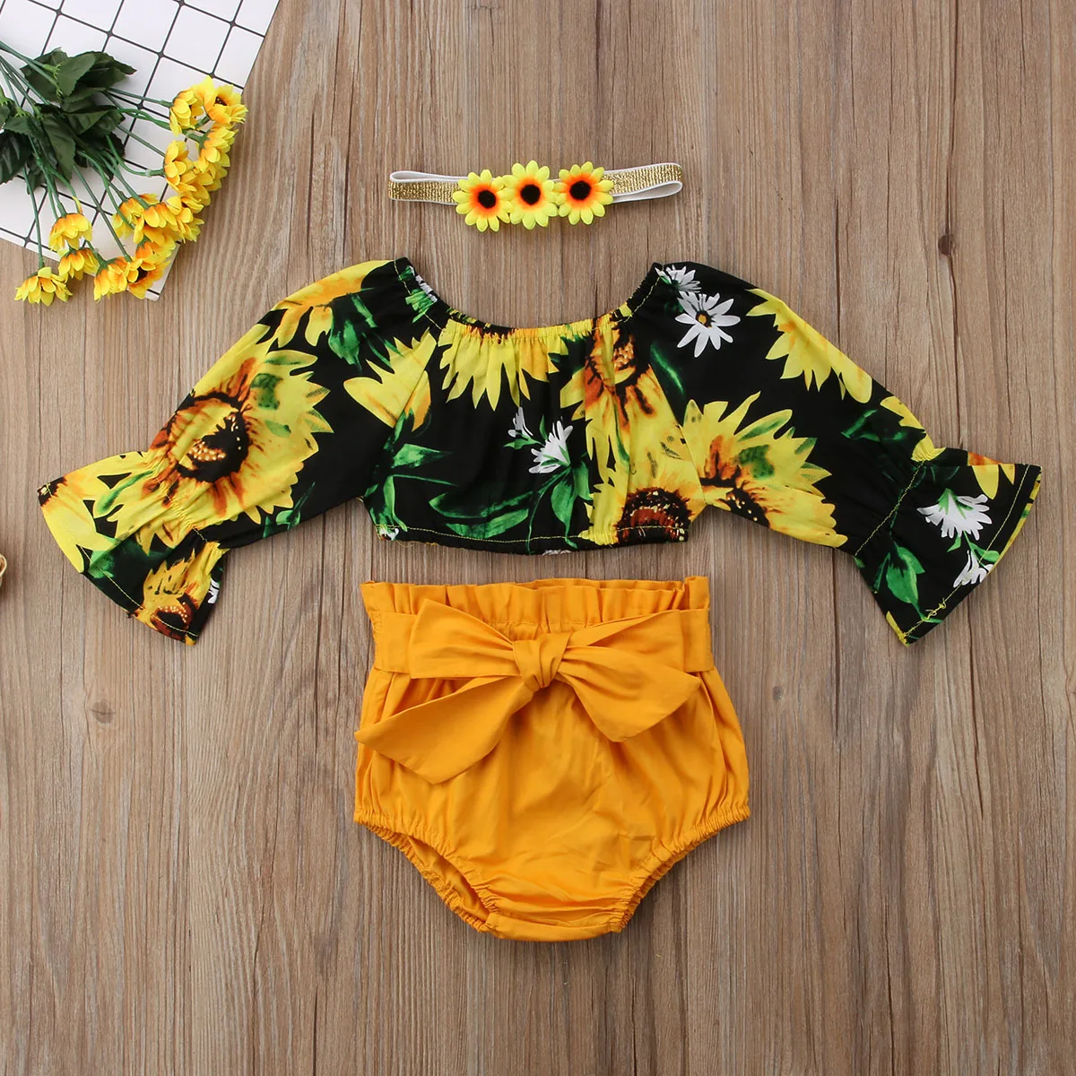 

3PCS Fashion Kids Toddler Baby Girls Floral Off Shoulder Slash Neck Top Shirt+Bow Short Pants+Headband Kids Girls Outfit