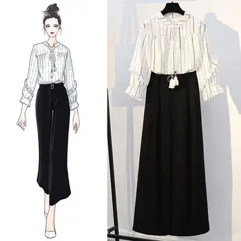 

2019 Spring Summer Striped Flare Sleeve Ruffle Bow Blouse Shirt +High Waist Casual Wide Leg Pants Set Women Chic 2 Piece Set J73