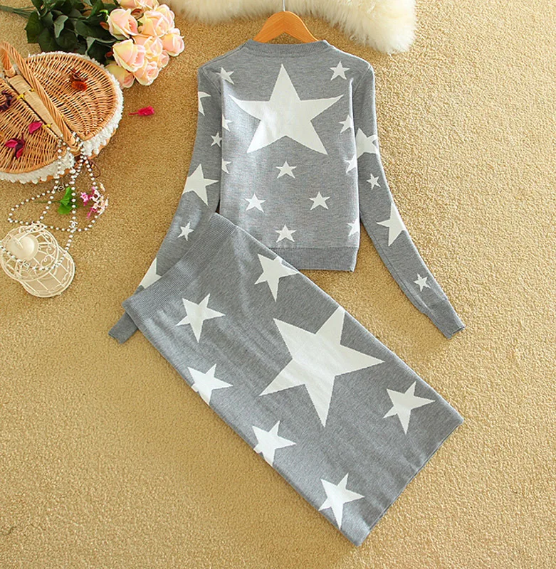 

New Arrivals Women Fashion Knitted Stars Loose Pullover Suits Sweater & Knee-length Pencil Skirt Ladies 2 Piece Sets Winter