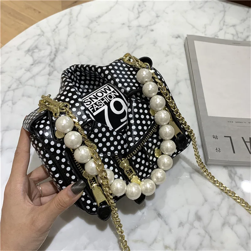 

Unique Design Pearl Chain Shoulder Messenger Bags Dot Vintage Oil Skin Women Purse and Handbags