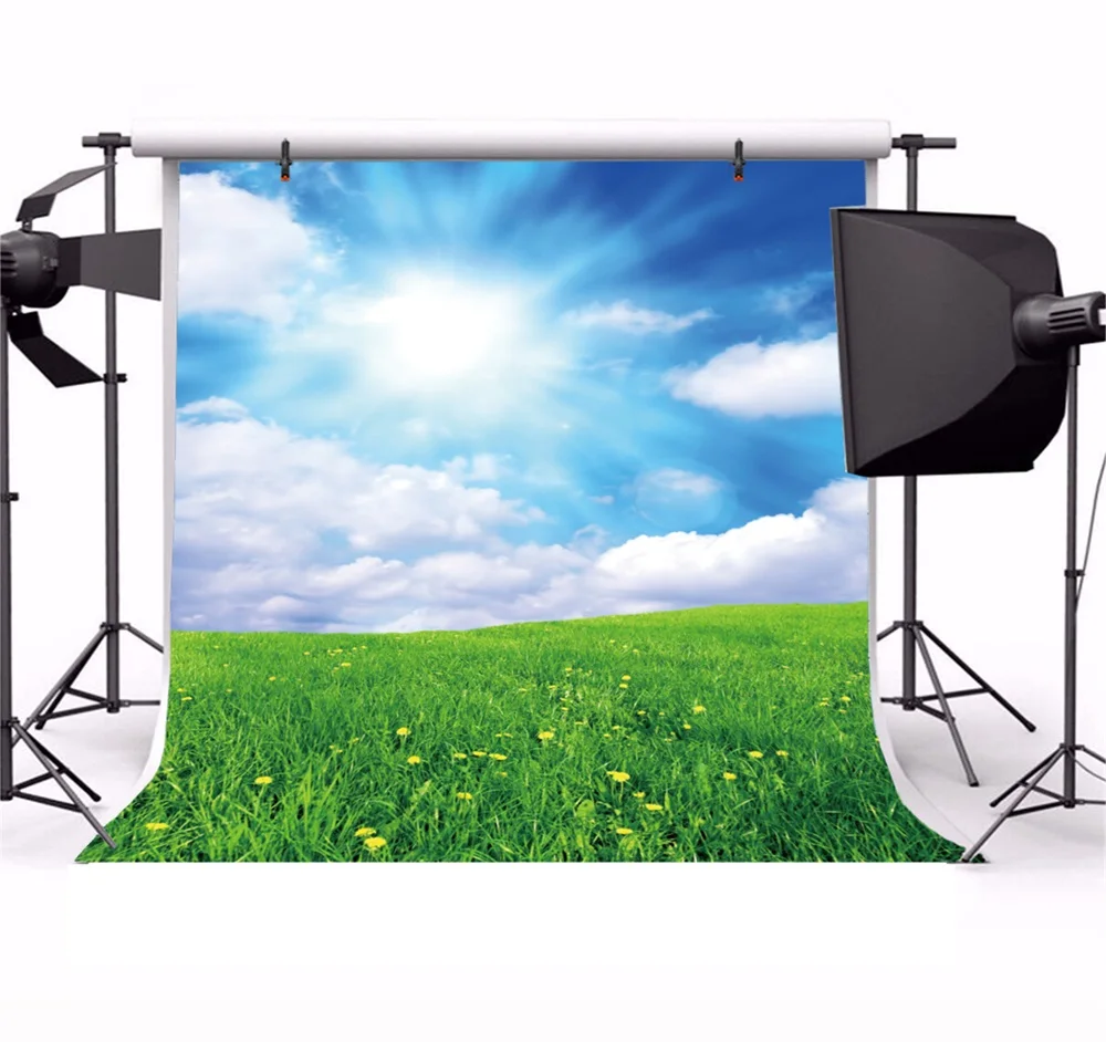Laeacco Spring Flowers Blue Sky White Clouds Scenic Photography Backgrounds Customized Photographic Backdrops For Photo Studio