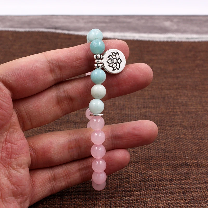 Ручной работы Ом Будда Лотос кулон браслет для женщин розовый кварц камень бисером наручные Йога Будда Амазонит браслет ювелирные изделия