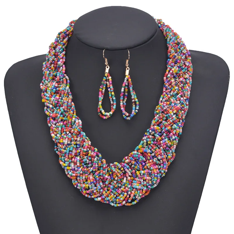 

Bohemian Handwoven Miss Mizhu Clavicle Chain Fashion Exaggeration Jewelry European and American Necklace Earrings Suit