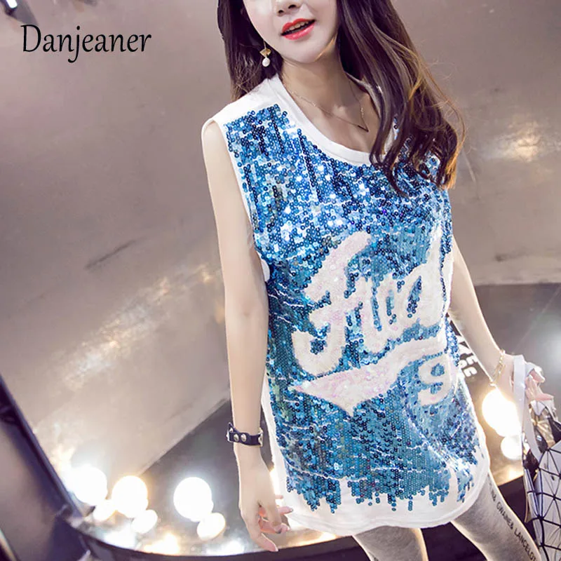 Danjeaner корейский сексуальный ночной клуб Ds длинные топы без рукавов для женщин хип-хоп мода свободная футболка с блестками Повседневный жилет с круглым вырезом