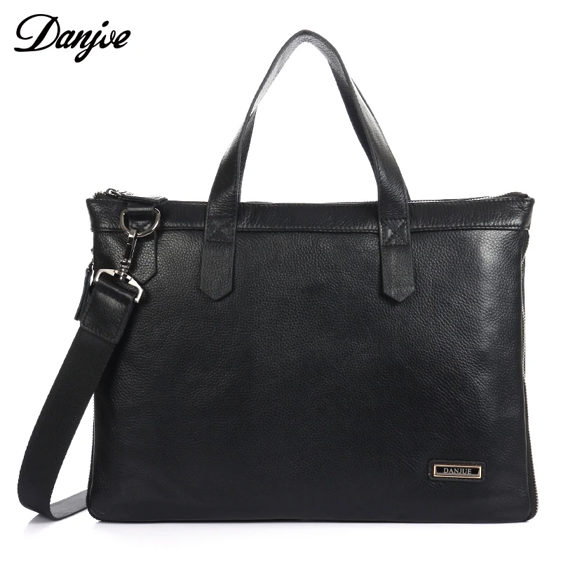 

DANJUE Genuine Leather Men Bag Business Black Briefcase Zipper Laptop Tote Handbag Fashion Brand Men's Messenger Shoulder Bags